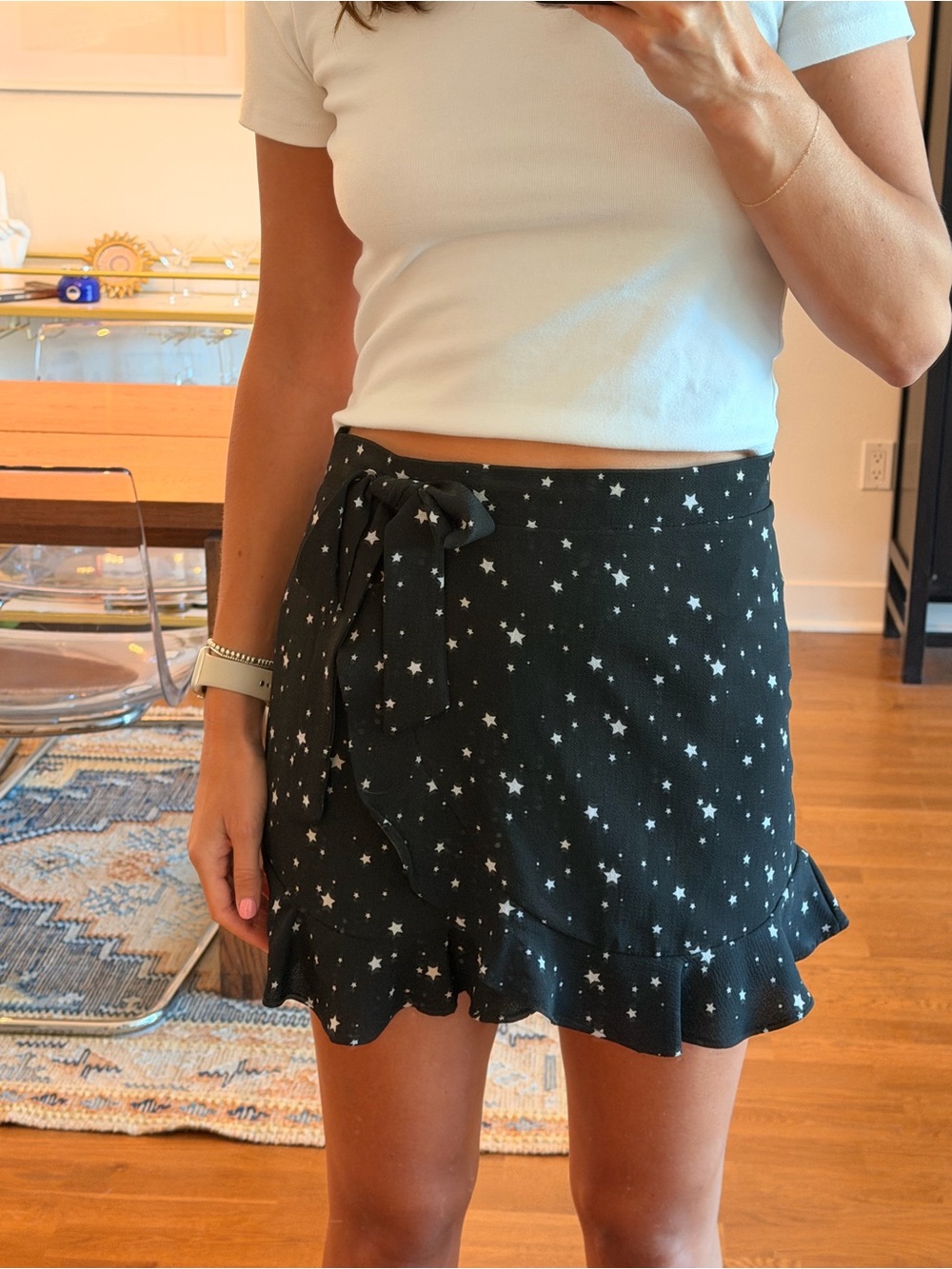 emory park Black Star Print Ruffle Wrap Mini Skirt